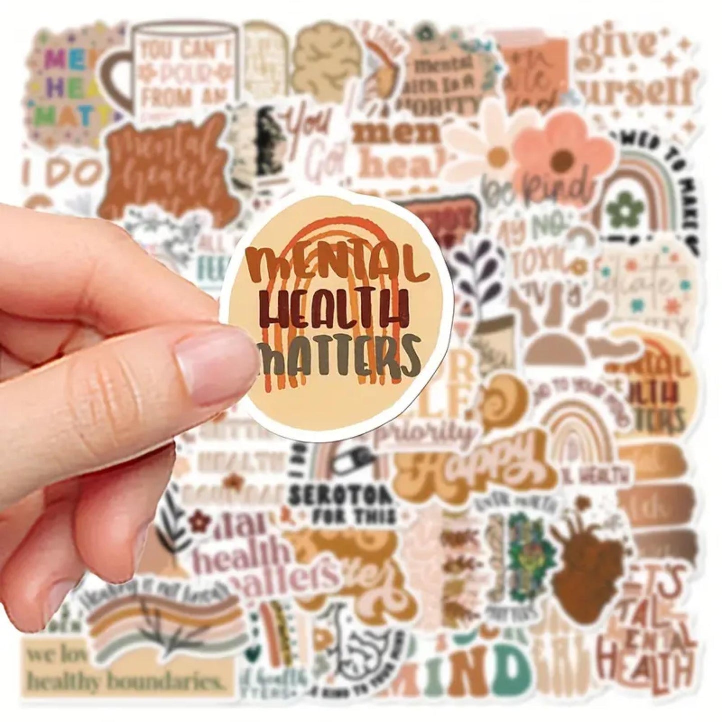 50pcs Boho Mental Health Awareness Stickers, Vibrant Matte Stickers, Waterproof PVC stickers for Phone Cases, Laptops, Guitars, Skateboards