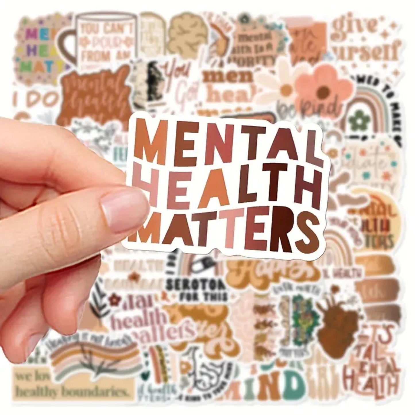 50pcs Boho Mental Health Awareness Stickers, Vibrant Matte Stickers, Waterproof PVC stickers for Phone Cases, Laptops, Guitars, Skateboards