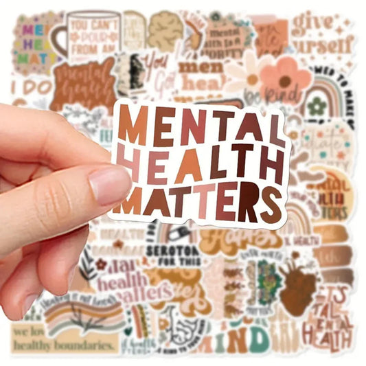 50pcs Boho Mental Health Awareness Stickers, Vibrant Matte Stickers, Waterproof PVC stickers for Phone Cases, Laptops, Guitars, Skateboards