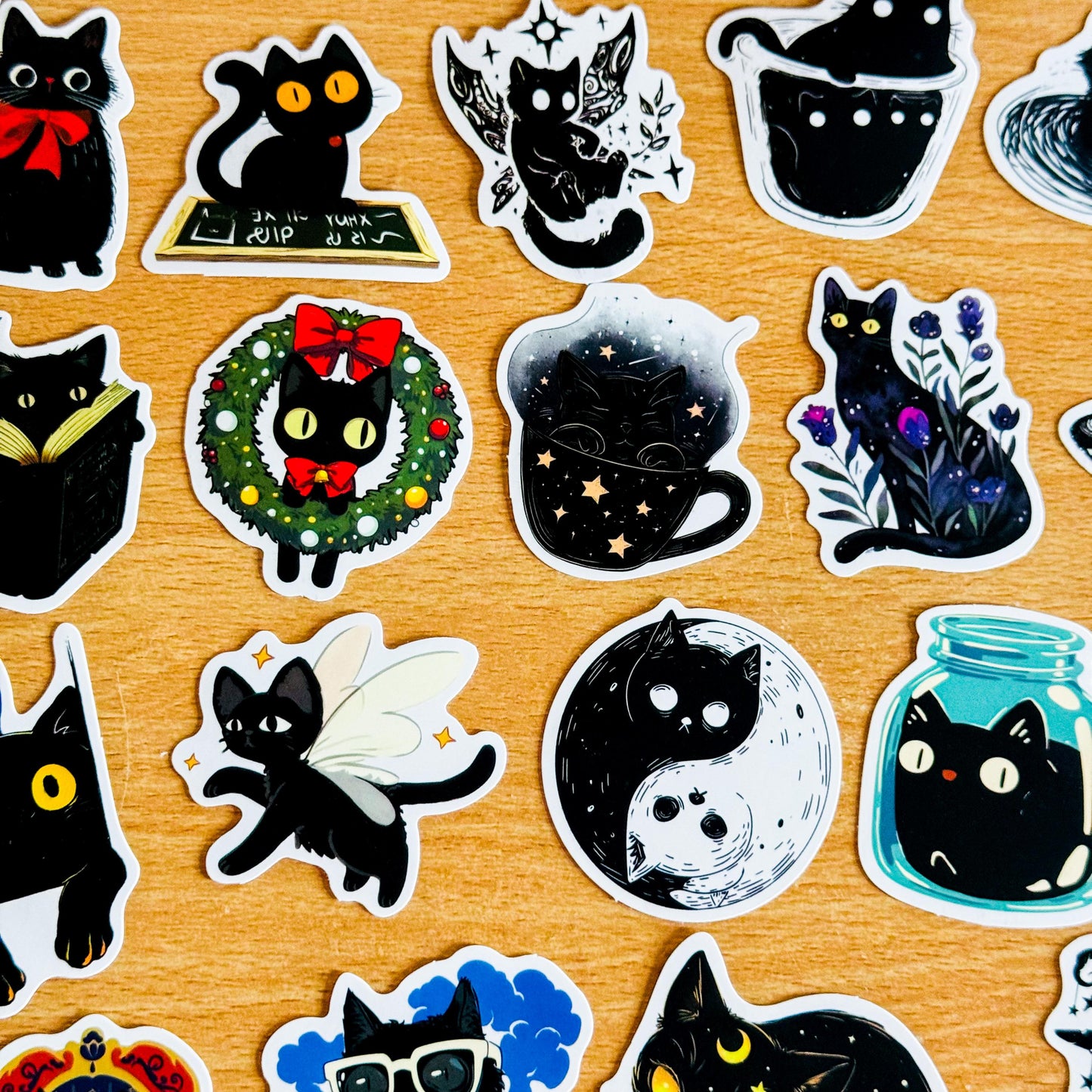 50Pcs  Black Cat Cartoon PVC Stickers, Witchy Cat Decorative Waterproof Decals for Laptop, Phone Case, Luggage, Planner Graffiti Skin