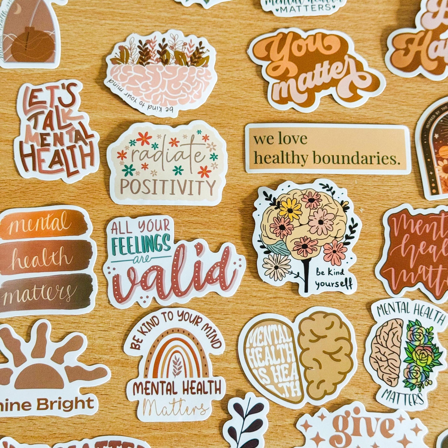 50pcs Boho Mental Health Awareness Stickers, Vibrant Matte Stickers, Waterproof PVC stickers for Phone Cases, Laptops, Guitars, Skateboards