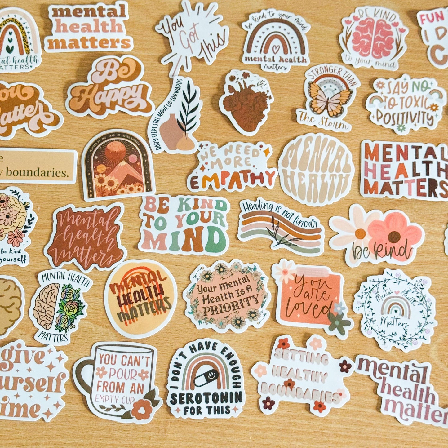 50pcs Boho Mental Health Awareness Stickers, Vibrant Matte Stickers, Waterproof PVC stickers for Phone Cases, Laptops, Guitars, Skateboards