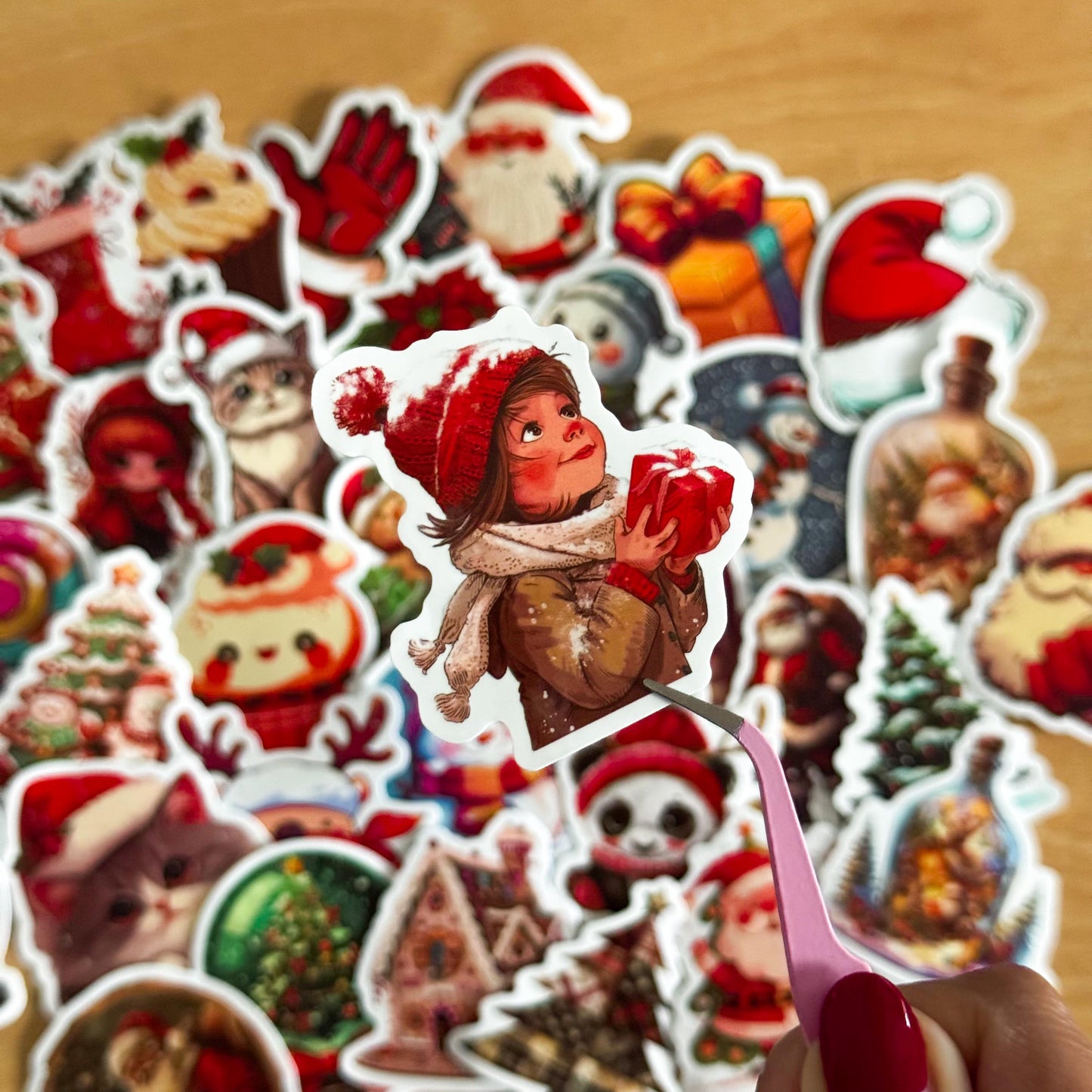 50pcs red Christmas Stickers set, Santa Claus, Snowman, Merry Christmas Decals for Water Bottles, Laptops, Phones, holiday crafts