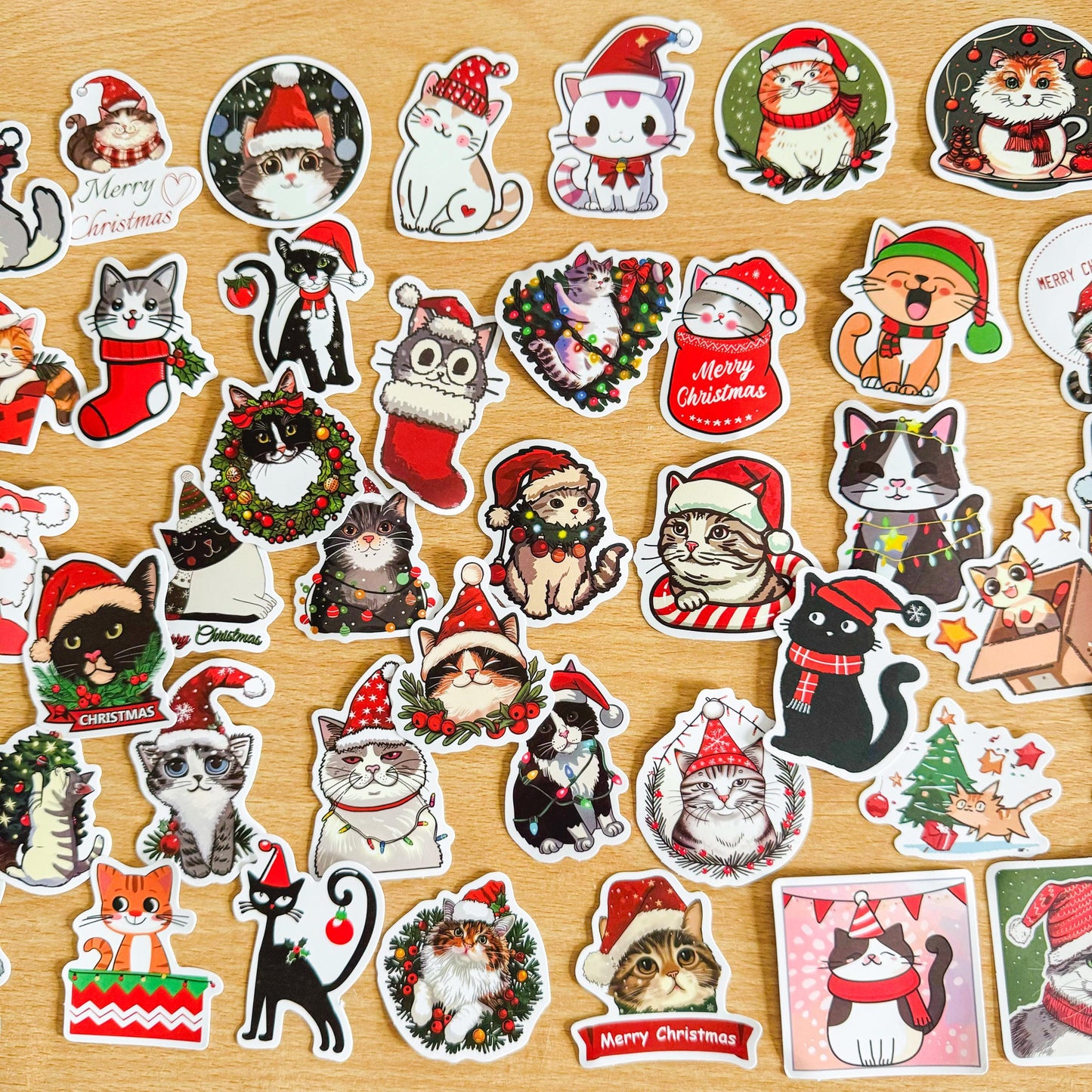 Set of 50 Christmas Cat Decal Stickers, Waterproof PVC Decals for Laptops, Phone Cases, Vinyl Waterproof VSCO Stickers