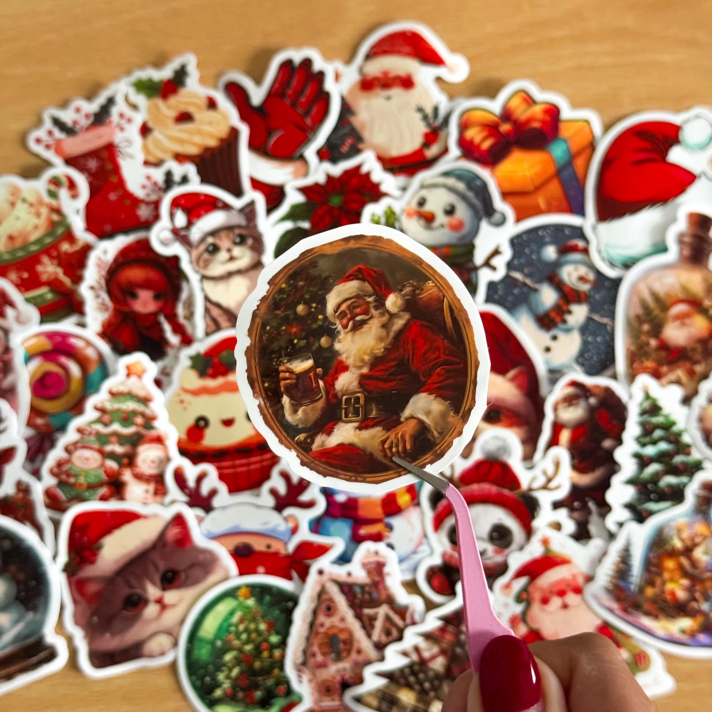50pcs red Christmas Stickers set, Santa Claus, Snowman, Merry Christmas Decals for Water Bottles, Laptops, Phones, holiday crafts