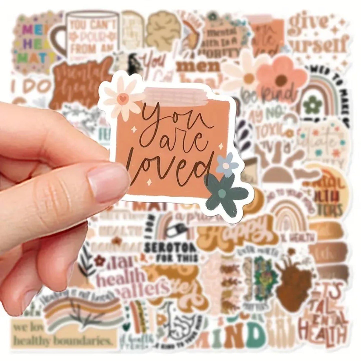 50pcs Boho Mental Health Awareness Stickers, Vibrant Matte Stickers, Waterproof PVC stickers for Phone Cases, Laptops, Guitars, Skateboards