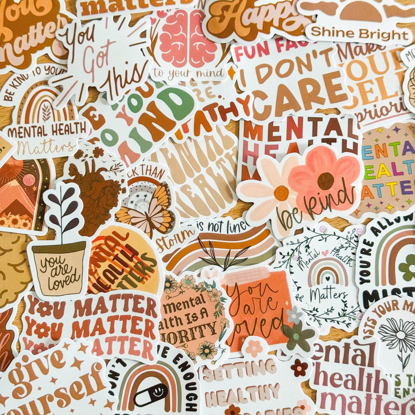 50pcs Boho Mental Health Awareness Stickers, Vibrant Matte Stickers, Waterproof PVC stickers for Phone Cases, Laptops, Guitars, Skateboards