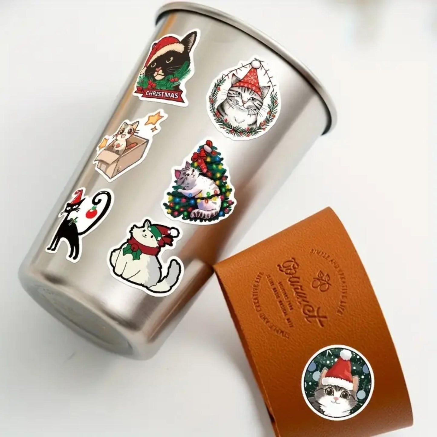 Set of 50 Christmas Cat Decal Stickers, Waterproof PVC Decals for Laptops, Phone Cases, Vinyl Waterproof VSCO Stickers