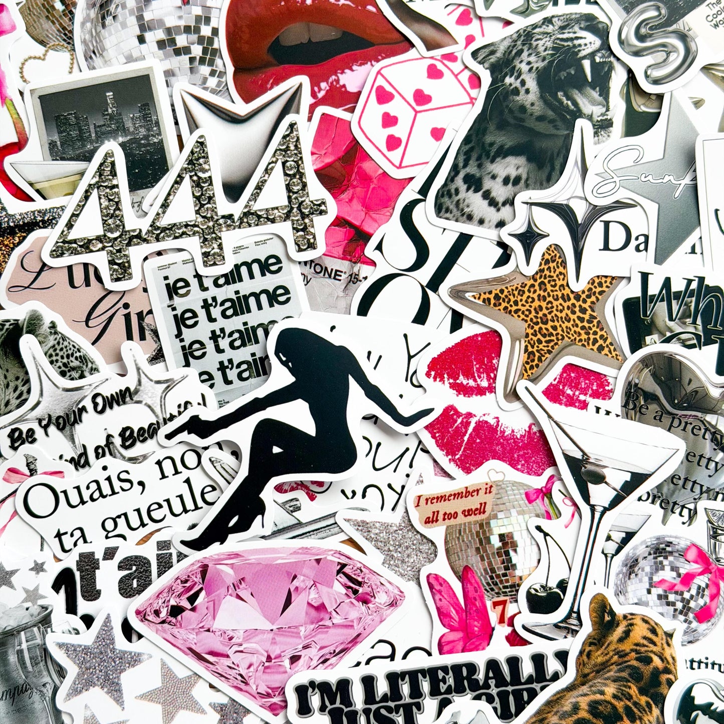 50pcs Silver Downtown Girly Aesthetic Stickers, Y2K Stickers, 444, Lucky, Retro, Coquette Pinterest Kindle, Planner, Laptop, Phone Case