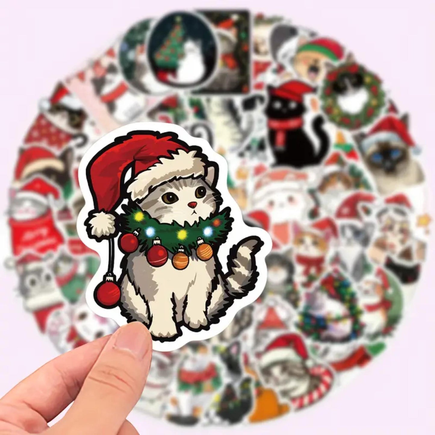 Set of 50 Christmas Cat Decal Stickers, Waterproof PVC Decals for Laptops, Phone Cases, Vinyl Waterproof VSCO Stickers