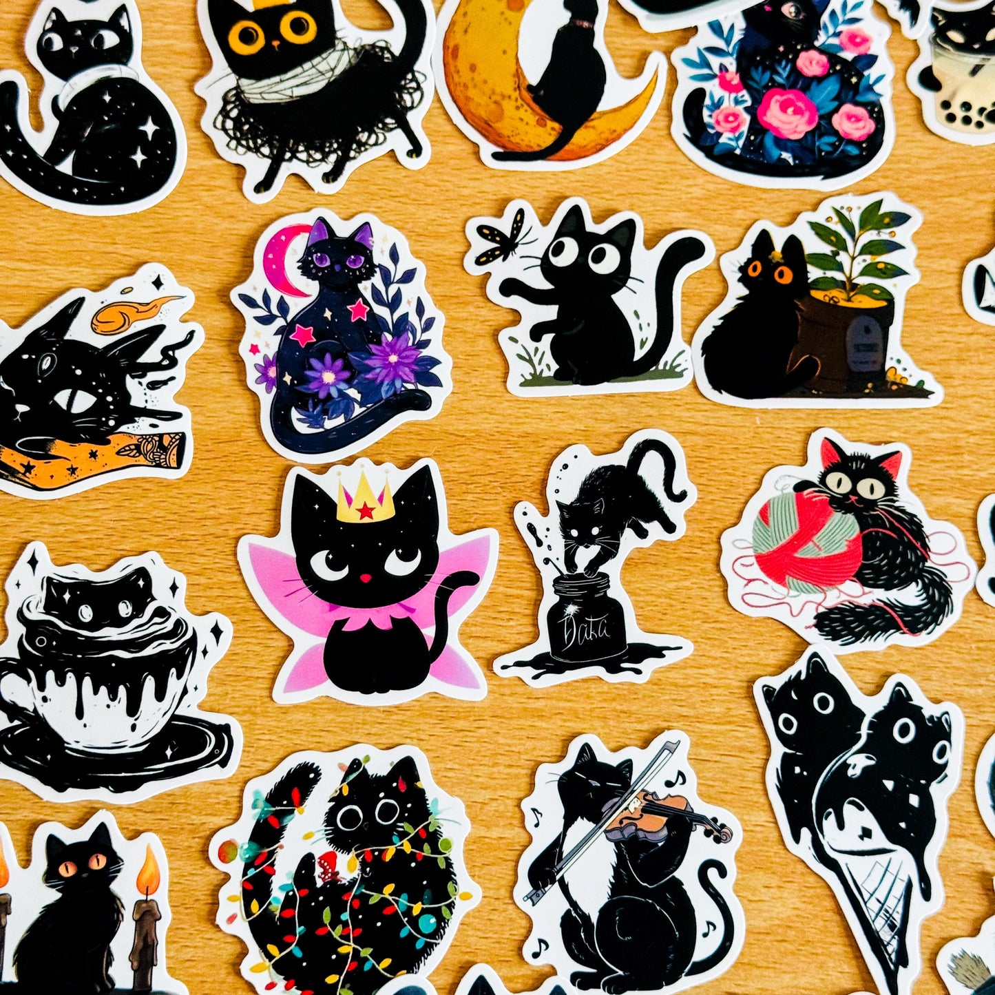 50Pcs  Black Cat Cartoon PVC Stickers, Witchy Cat Decorative Waterproof Decals for Laptop, Phone Case, Luggage, Planner Graffiti Skin