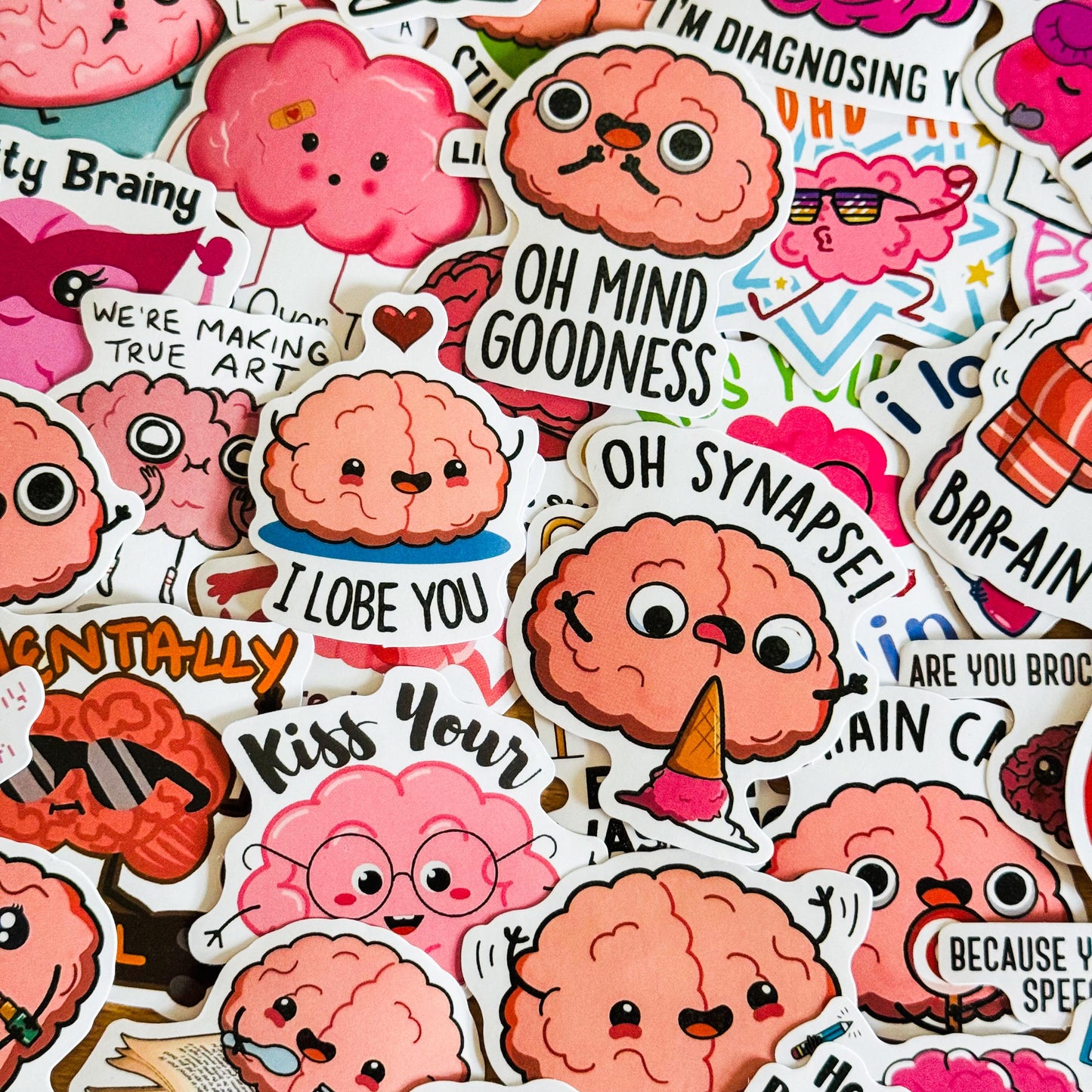 50Pcs Cartoon Brain Stickers, Cute Vinyl Decals for Laptop, Water Bottle, Scrapbooking, Crafts, Funny Brain Deco for Envelopes, Merry Gifts
