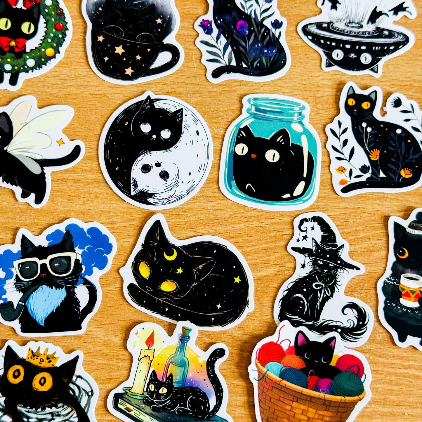 50Pcs  Black Cat Cartoon PVC Stickers, Witchy Cat Decorative Waterproof Decals for Laptop, Phone Case, Luggage, Planner Graffiti Skin