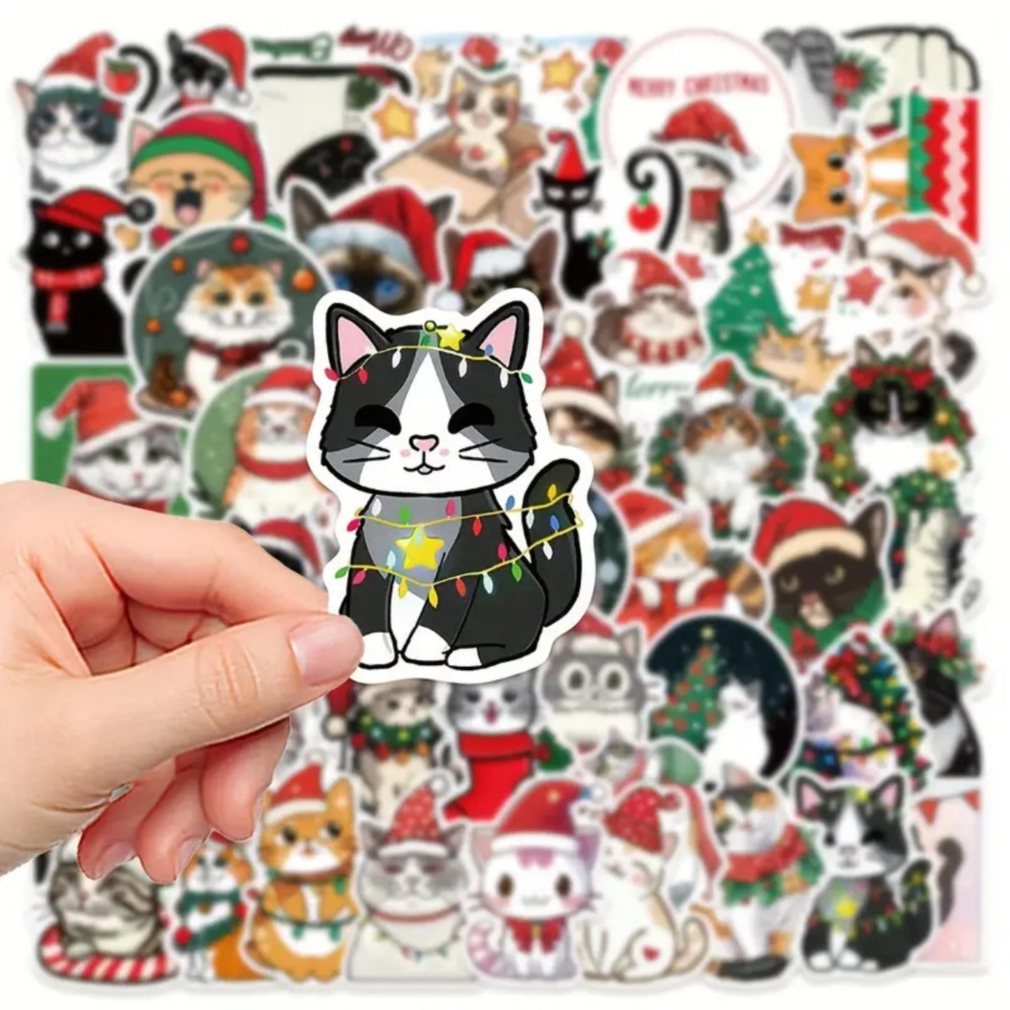 Set of 50 Christmas Cat Decal Stickers, Waterproof PVC Decals for Laptops, Phone Cases, Vinyl Waterproof VSCO Stickers