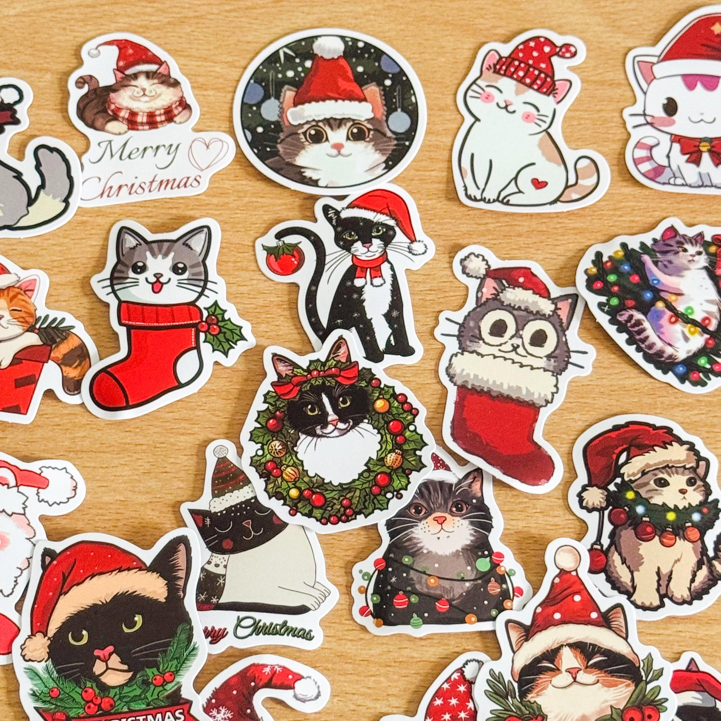 Set of 50 Christmas Cat Decal Stickers, Waterproof PVC Decals for Laptops, Phone Cases, Vinyl Waterproof VSCO Stickers