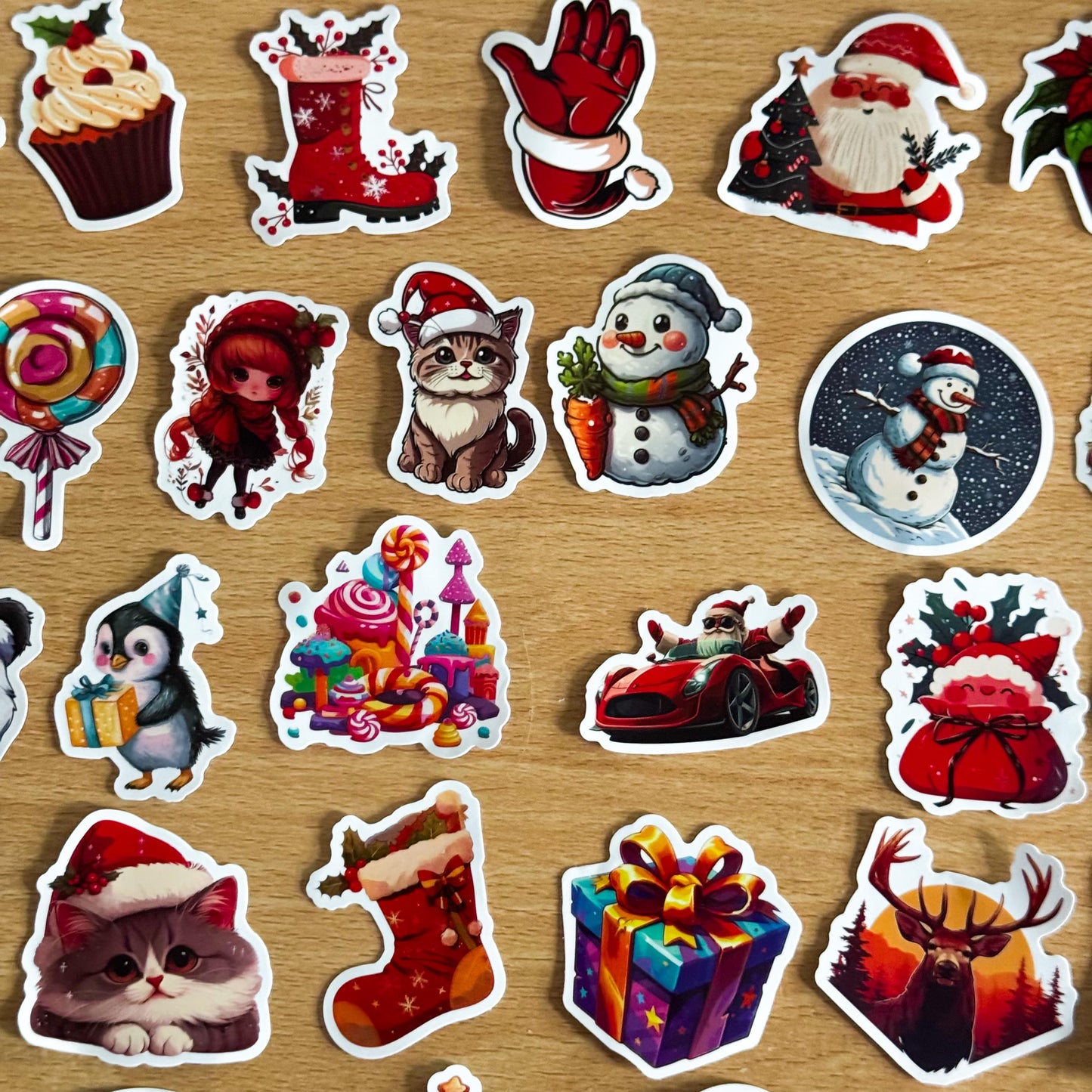 50pcs red Christmas Stickers set, Santa Claus, Snowman, Merry Christmas Decals for Water Bottles, Laptops, Phones, holiday crafts