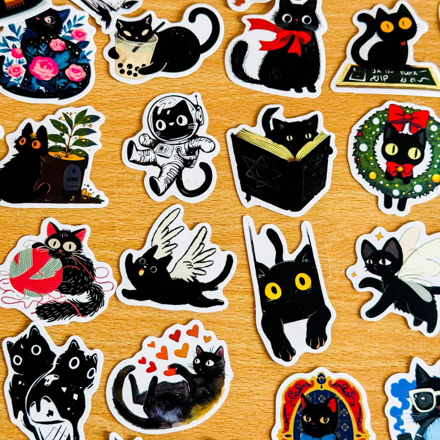 50Pcs  Black Cat Cartoon PVC Stickers, Witchy Cat Decorative Waterproof Decals for Laptop, Phone Case, Luggage, Planner Graffiti Skin