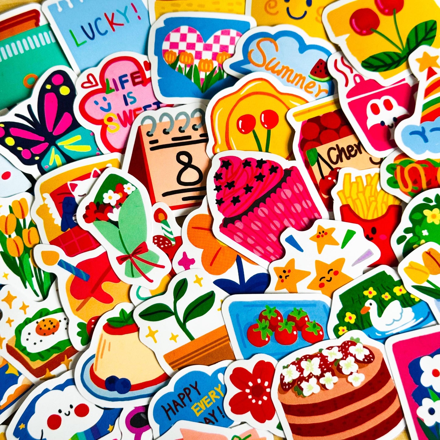 50pcs Vinyl Waterproof Journal Stickers, Craft Grab Bag Scrapbook Junk journal, Flowers, Cake, Food, Planner, Laptop, Phone Case