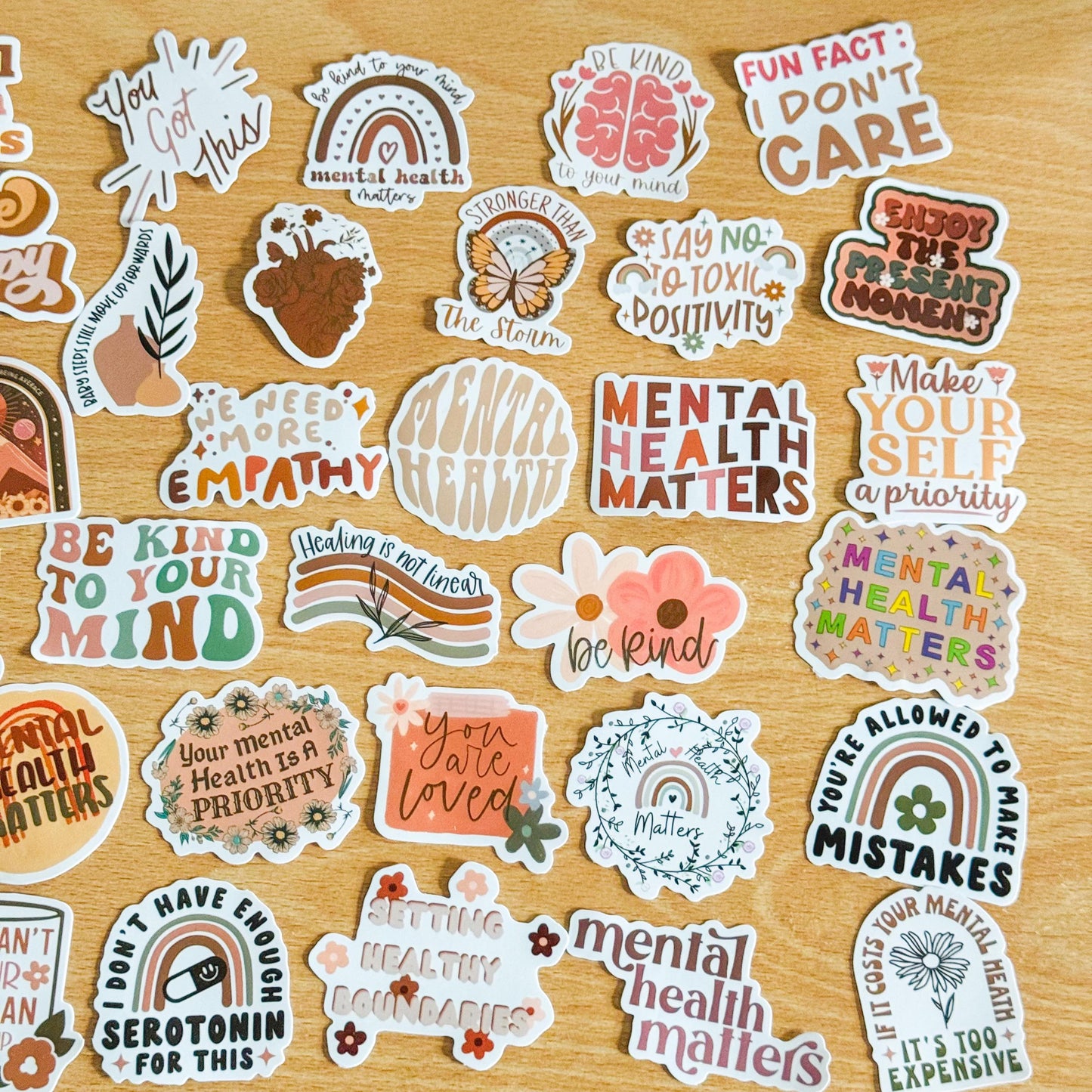 50pcs Boho Mental Health Awareness Stickers, Vibrant Matte Stickers, Waterproof PVC stickers for Phone Cases, Laptops, Guitars, Skateboards