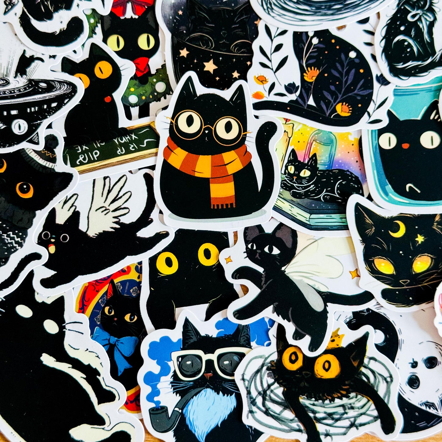 50Pcs  Black Cat Cartoon PVC Stickers, Witchy Cat Decorative Waterproof Decals for Laptop, Phone Case, Luggage, Planner Graffiti Skin