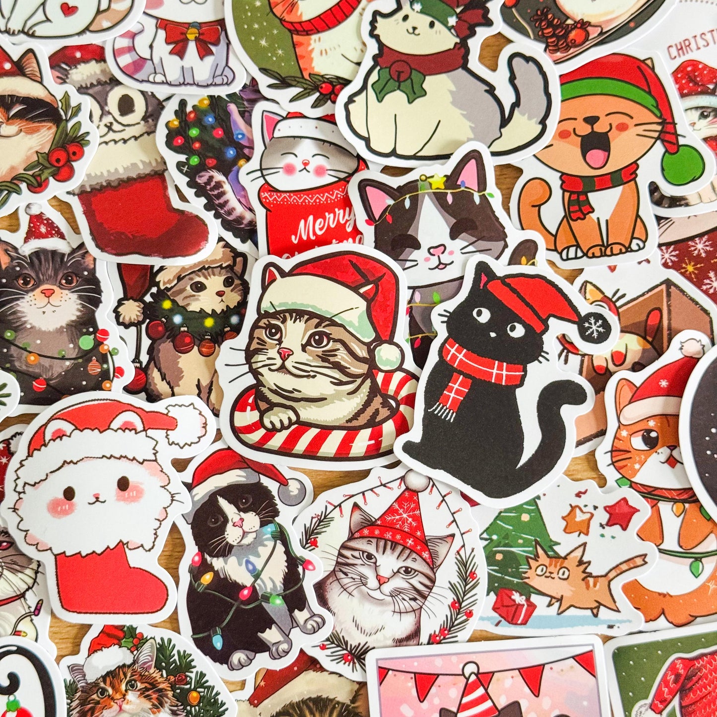 Set of 50 Christmas Cat Decal Stickers, Waterproof PVC Decals for Laptops, Phone Cases, Vinyl Waterproof VSCO Stickers