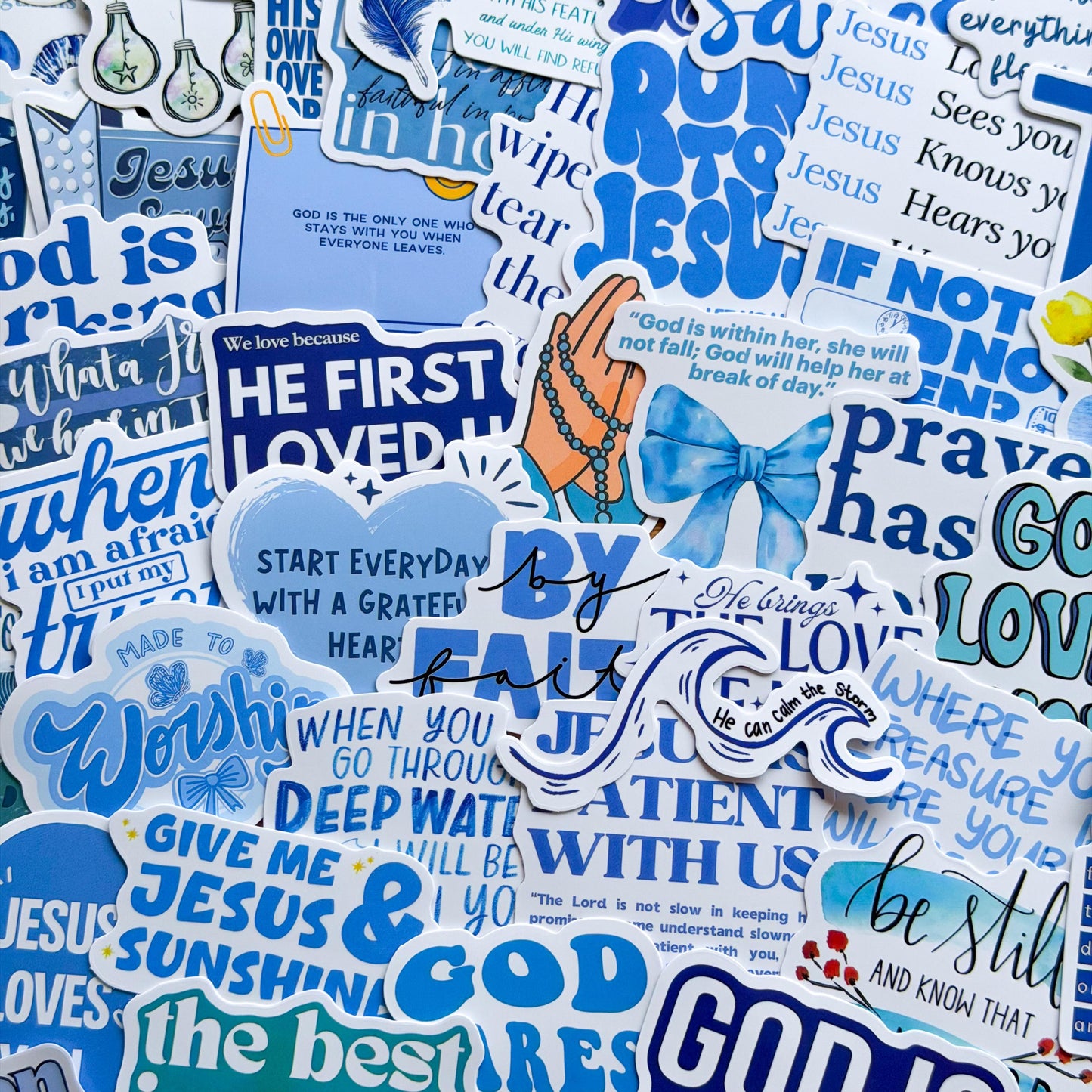 50pcs Bible Inspirational Quotes Stickers, Faith, Vinyl Decals for Laptops, Notebooks, Guitars, Water Bottles, Christian Aesthetic, Blue
