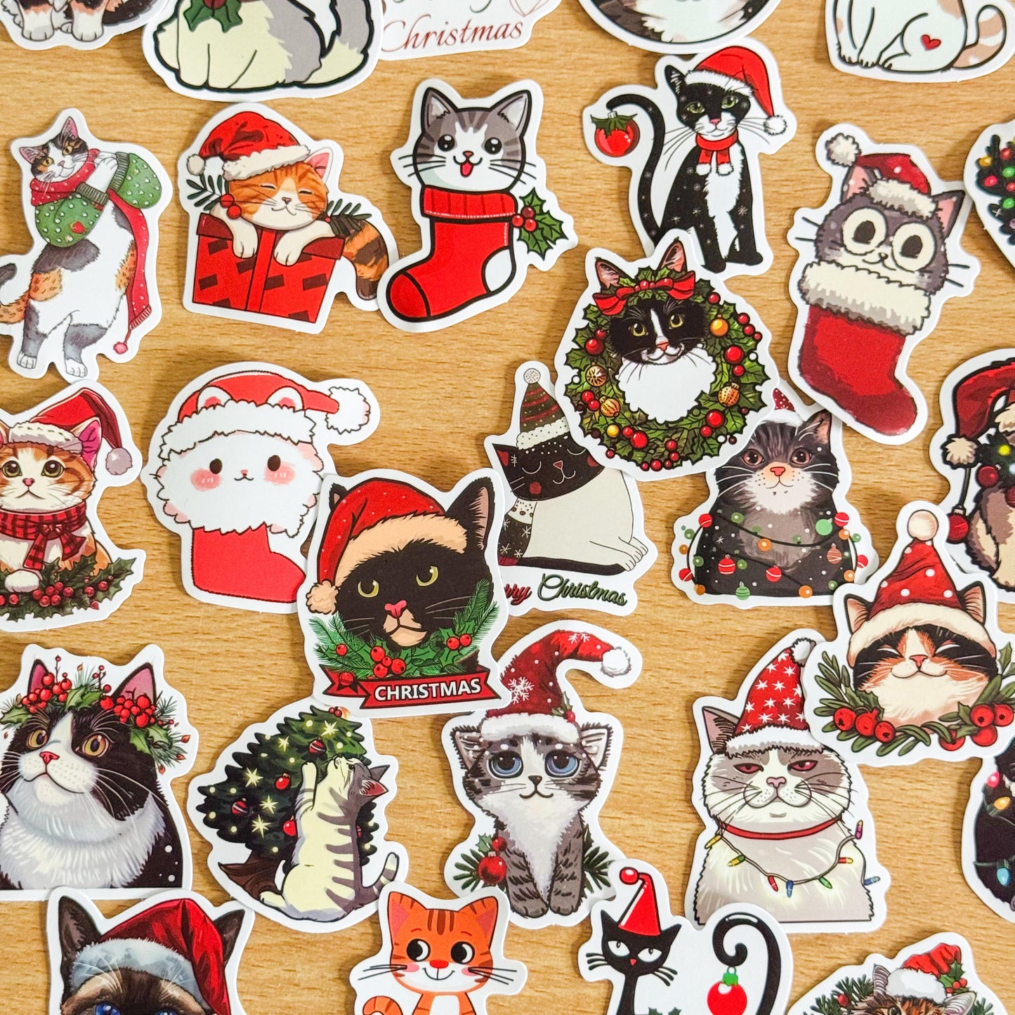 Set of 50 Christmas Cat Decal Stickers, Waterproof PVC Decals for Laptops, Phone Cases, Vinyl Waterproof VSCO Stickers