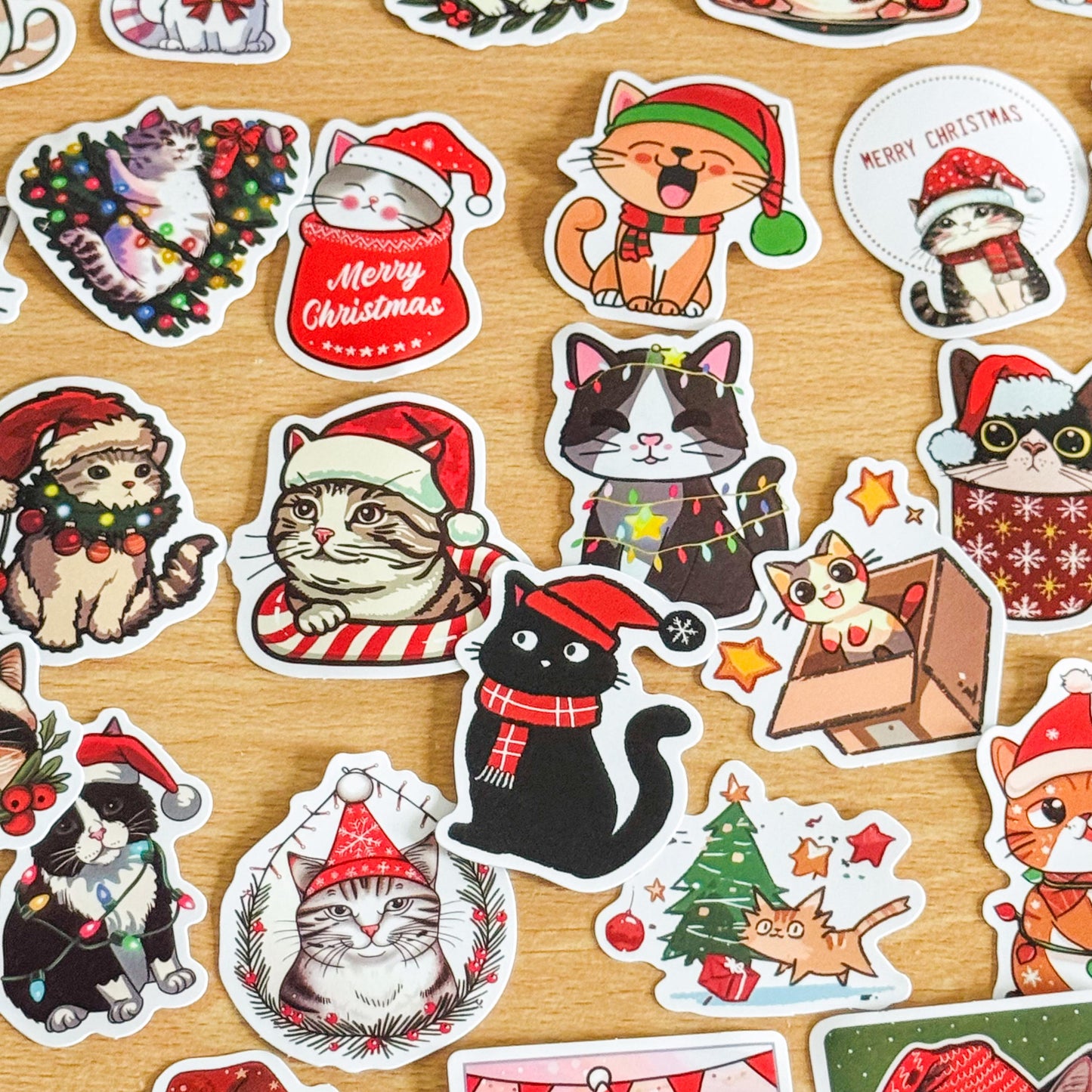 Set of 50 Christmas Cat Decal Stickers, Waterproof PVC Decals for Laptops, Phone Cases, Vinyl Waterproof VSCO Stickers