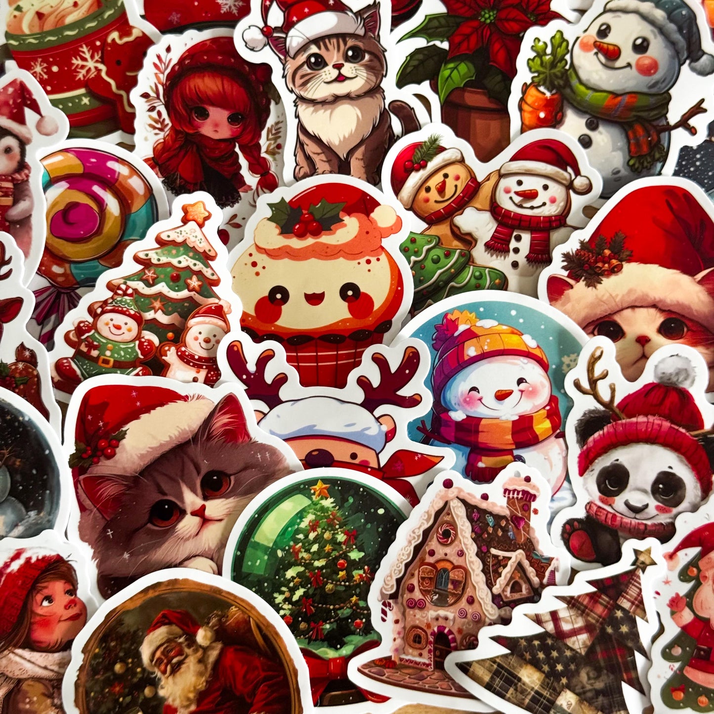 50pcs red Christmas Stickers set, Santa Claus, Snowman, Merry Christmas Decals for Water Bottles, Laptops, Phones, holiday crafts