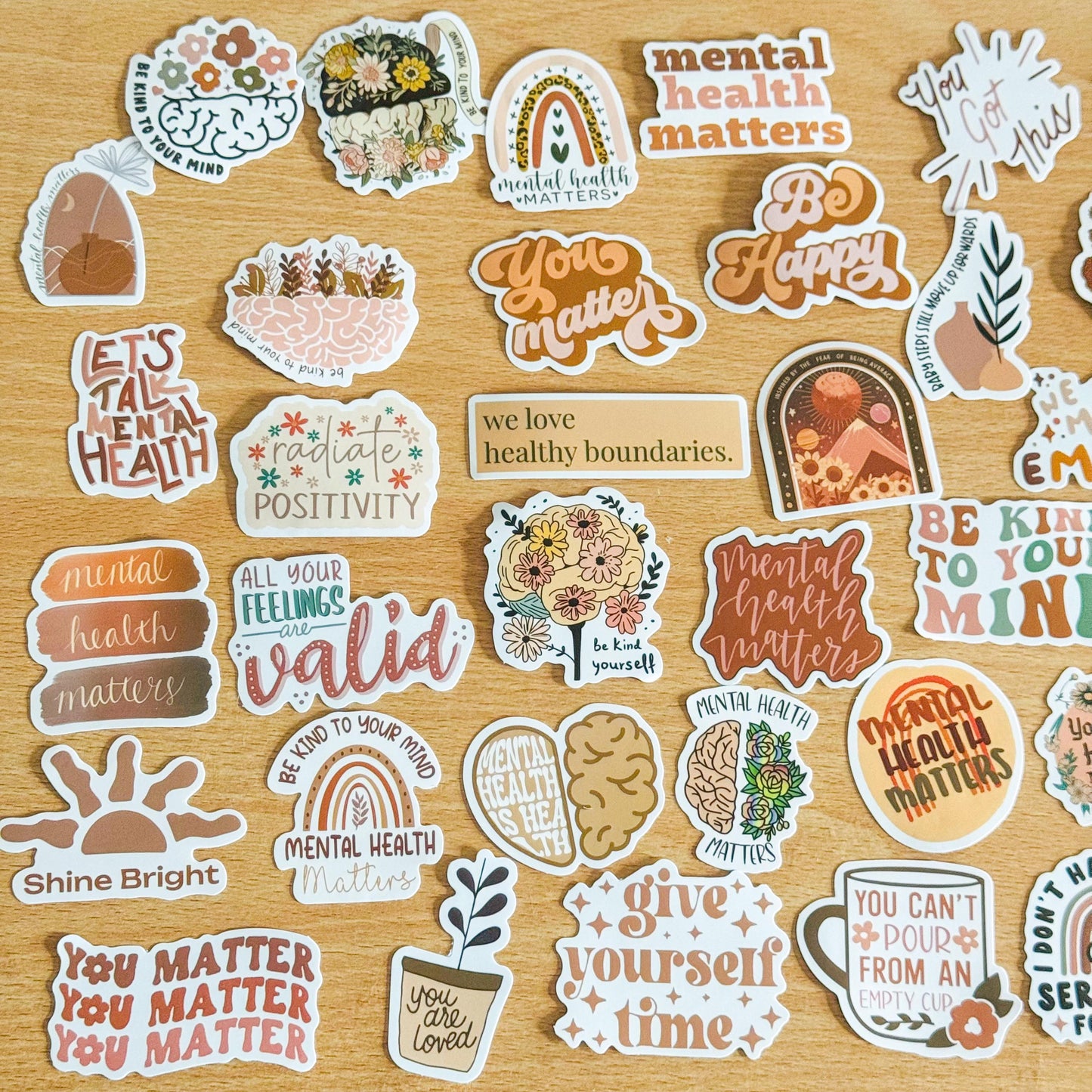 50pcs Boho Mental Health Awareness Stickers, Vibrant Matte Stickers, Waterproof PVC stickers for Phone Cases, Laptops, Guitars, Skateboards