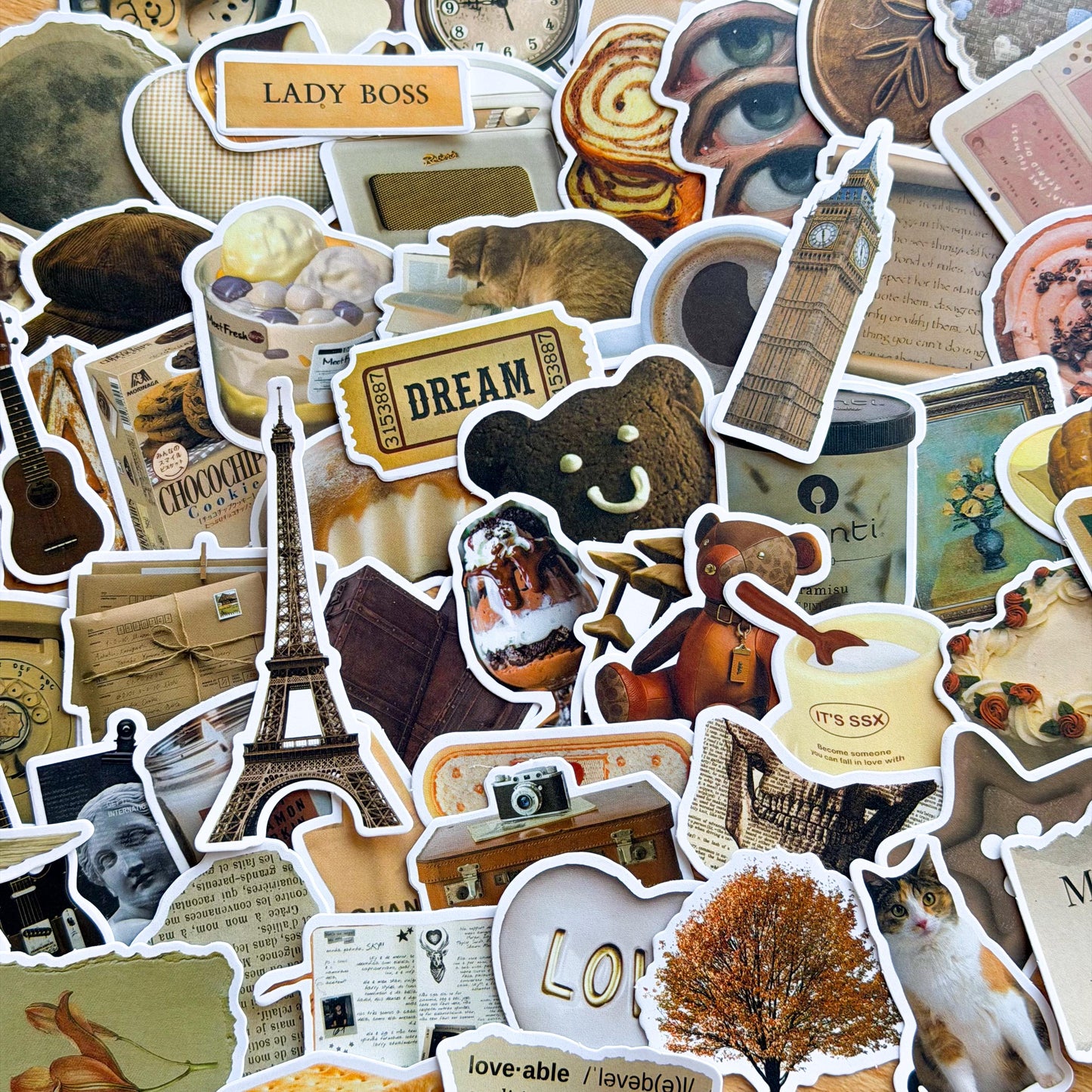 60pcs Brown Aesthetic Vinyl Stickers, Old School, Nostalgic Autumn, Y2K, Retro Stickers, Kindle, Planner, Laptop, Phone Case